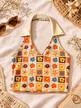 Retro Floral Halter Crop Top with Collar